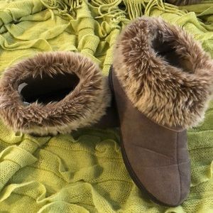 Isotoner micro suede bootie slippers with fur cuff